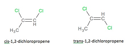 The cis and trans structures for 1,2-dichloropropene.