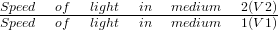 \frac { Speed\quad of\quad light\quad in\quad medium\quad 2(V2) }{ Speed\quad of\quad light\quad in\quad medium\quad 1(V1) }